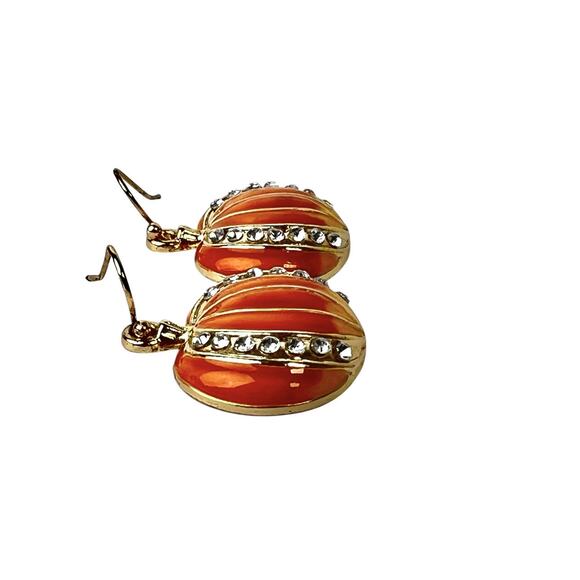 Pumpkin Earrings Orange Enamel Clear Rhinestones Gold Tone Hook Pierced Festive - Picture 4 of 7